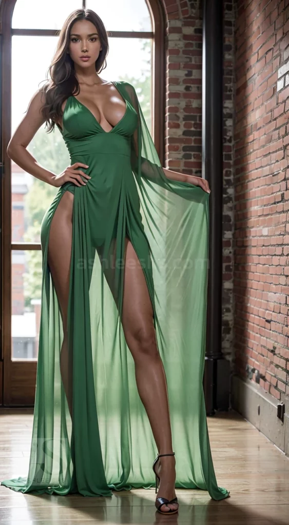 Sleek satin emerald green prom gown with a slit