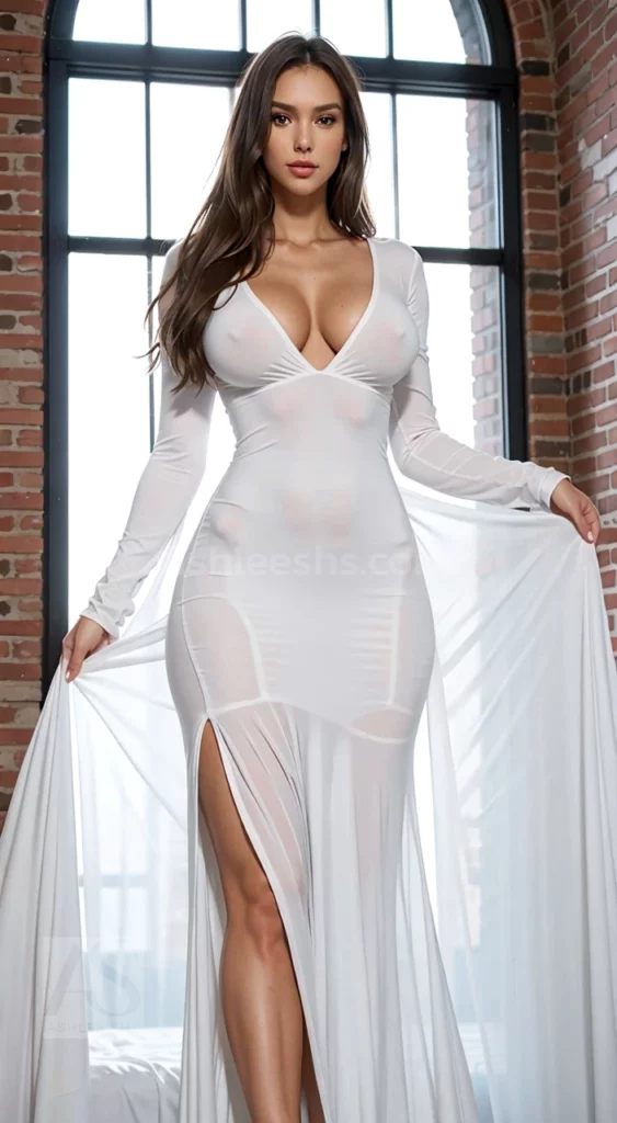 Stylish white prom dress with a high neckline and embellished waistline