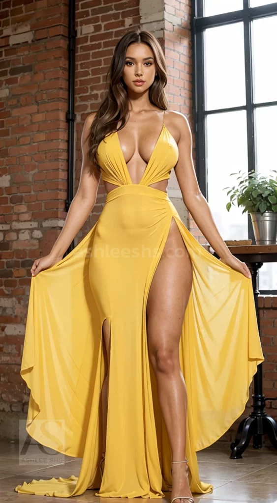 Yellow prom dress with a sheer illusion bodice and cap sleeves