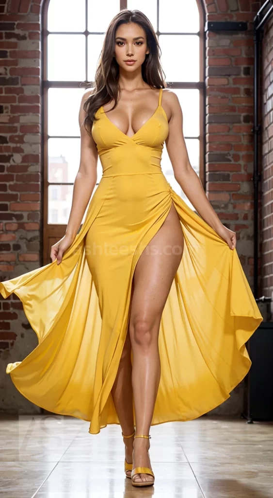 Yellow prom dress with a lace-up bodice and ruched skirt